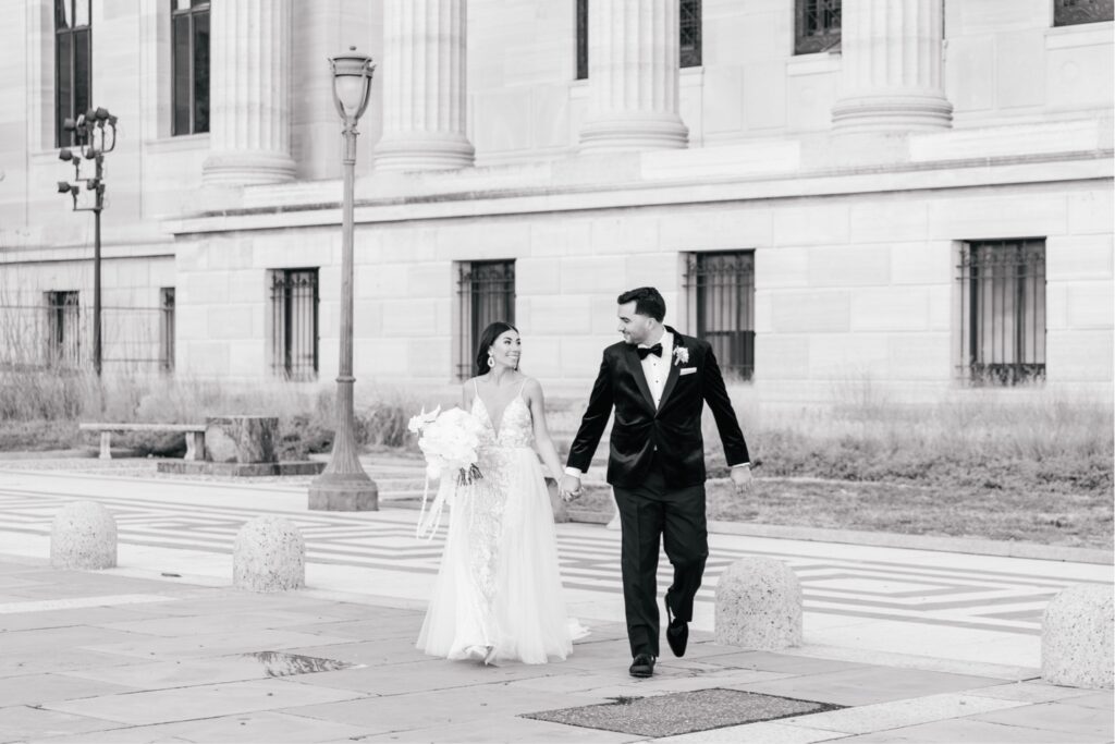 Bride and groom smiling on their NYE wedding day by Emily Wren Photography