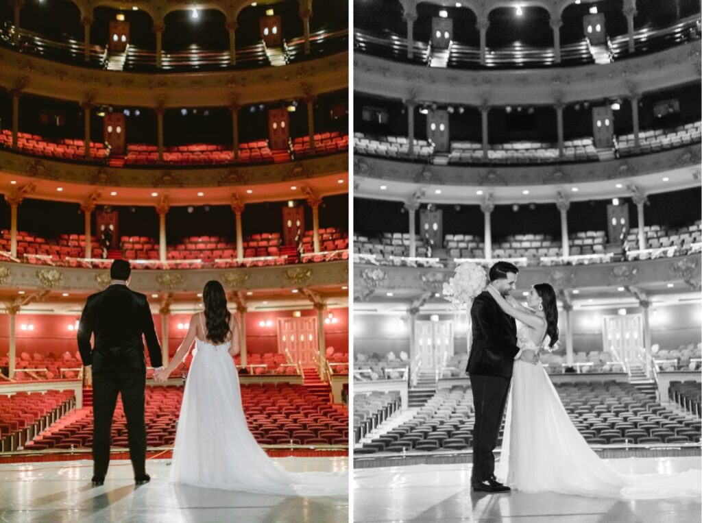 Bride and groom on the stage at the Academy of Music by Emily Wren Photography