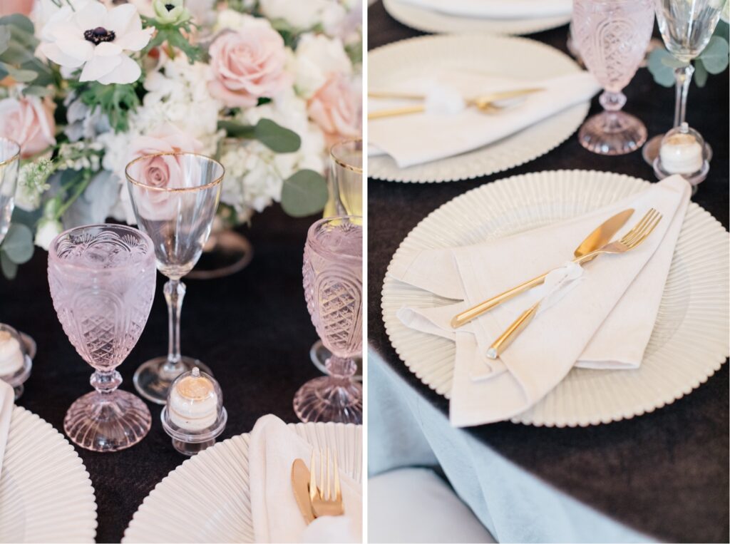 Vintage pink glasses at a luxury NYE wedding by Emily Wren Photography