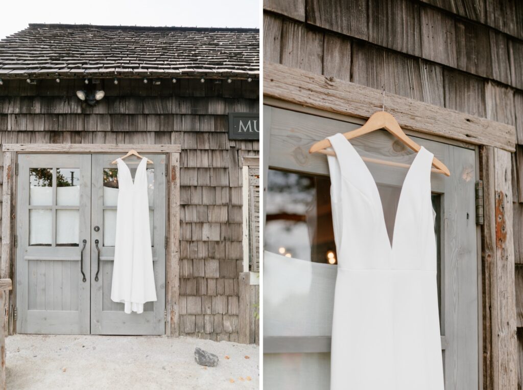 Wedding gown hanging details at the mushroom hut at Terrain