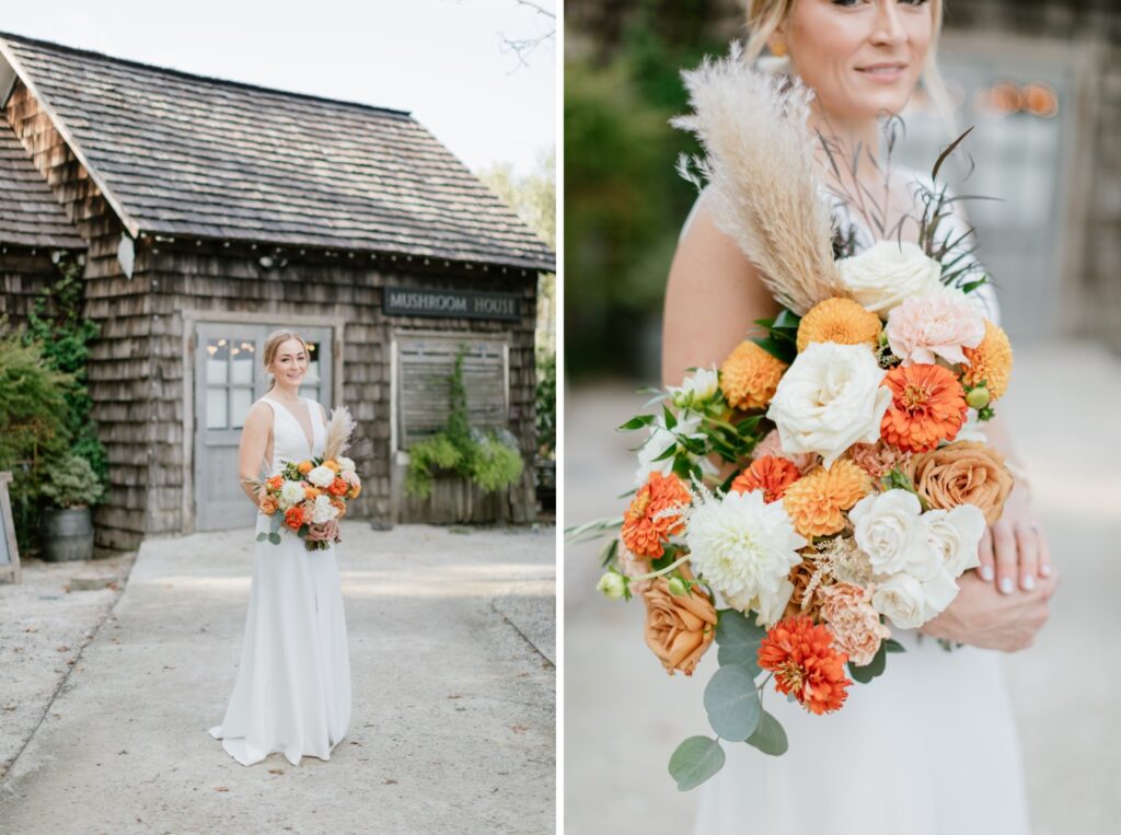 Bride with her bold wedding bouquet before an intimate ceremony at Terrain