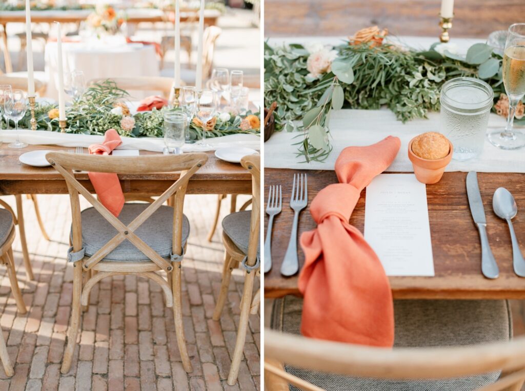 Bold table decor in hues of orange at a small outdoor wedding reception