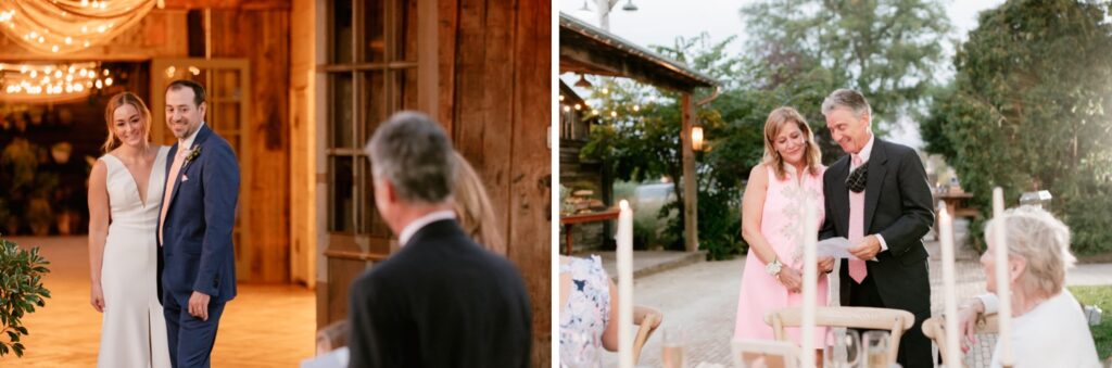 Newlyweds listen to toasts at an al fresco outdoor summer wedding reception