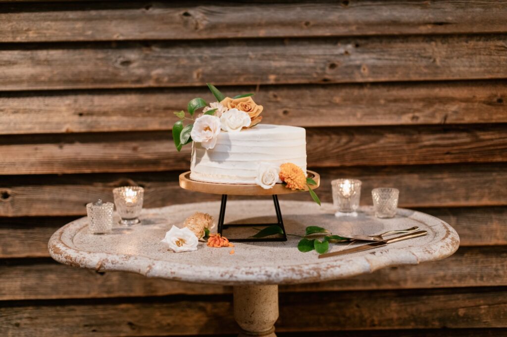 Small wedding cake at a intimate summer wedding reception in Pennsylvania
