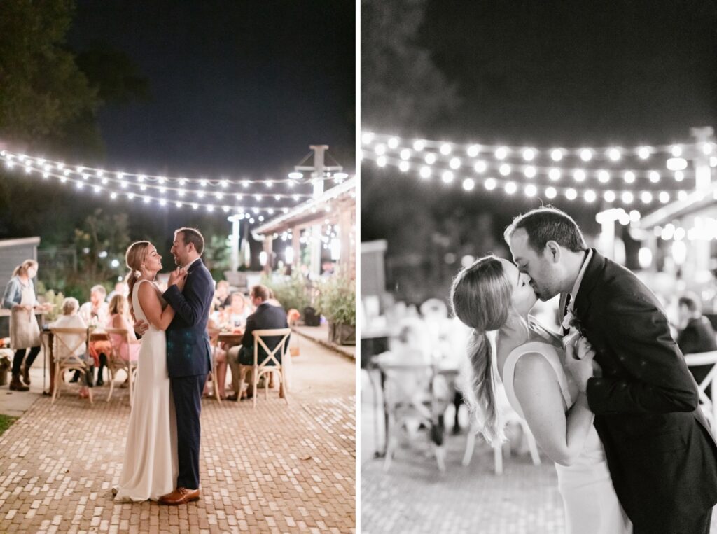 Bride and groom dancing under twinkle lights at a small garden reception