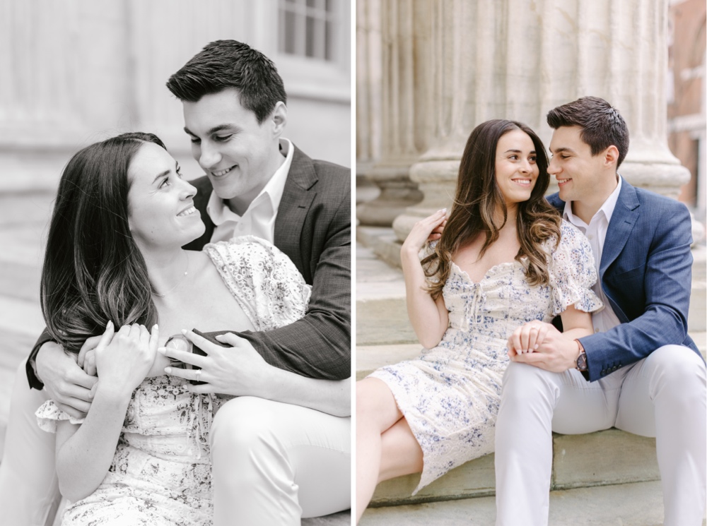 Couple smiling during a spring engagement session in Old City by Emily Wren Photography
