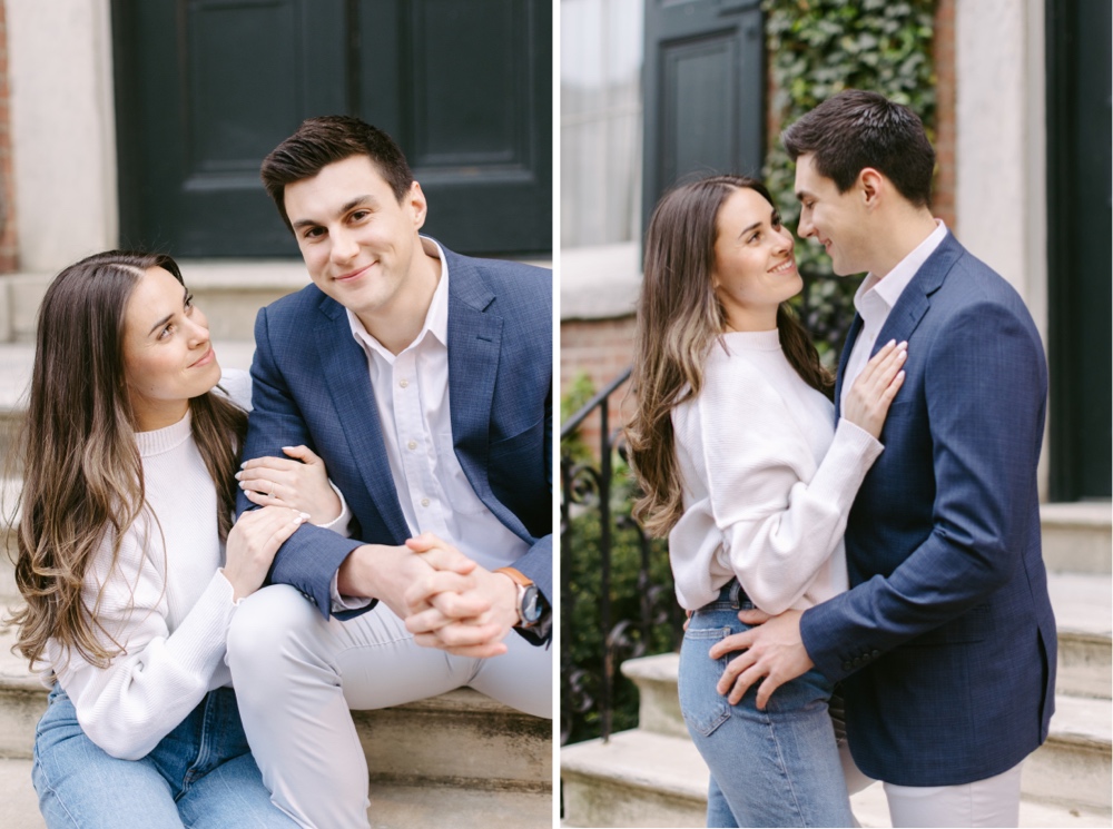 Couple smiling during a spring engagement session in historic Old City