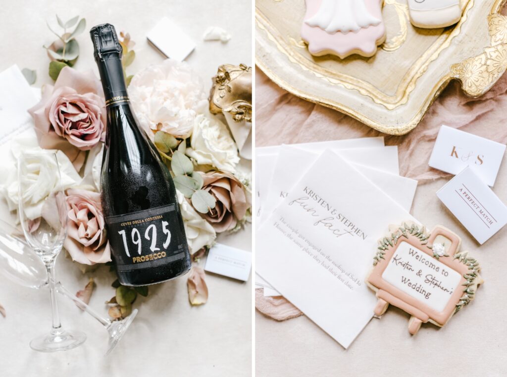 Chilled champagne and custom cookies on a spring wedding day by Emily Wren Photography