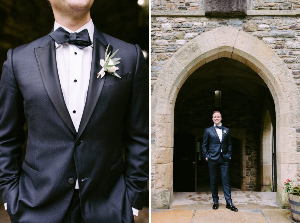 Groom dressed in a tux at an elegant estate wedding