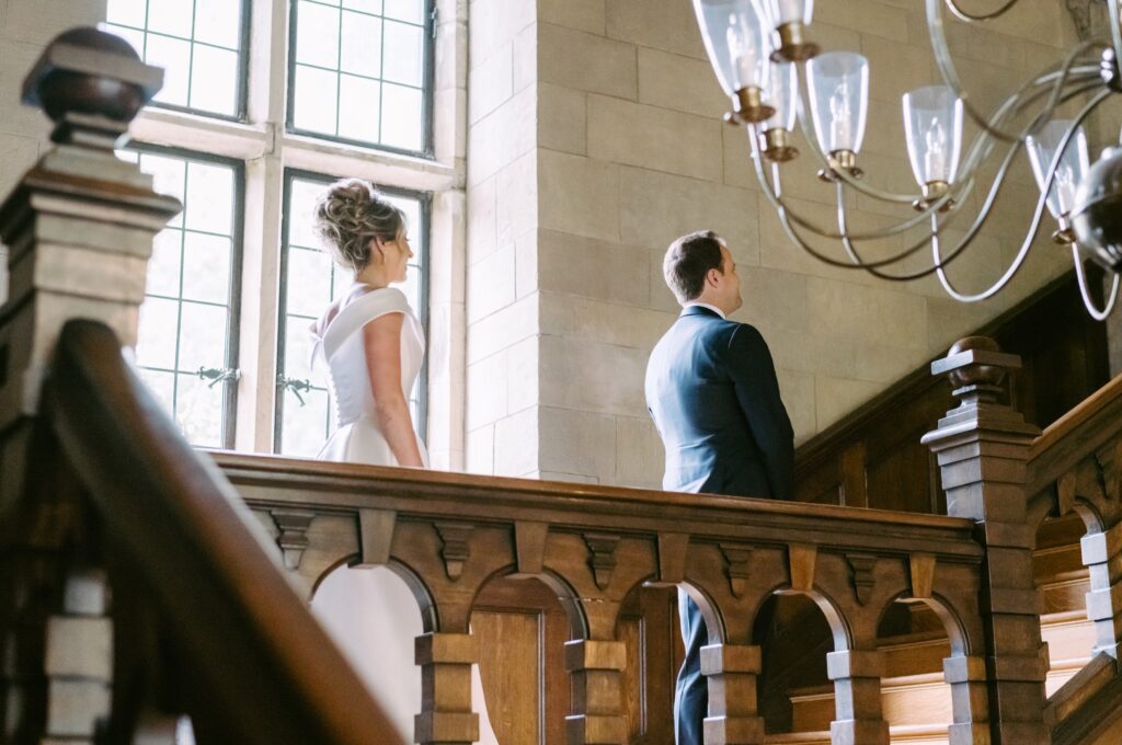 Bride and groom's first look at a historic estate venue in Philadelphia