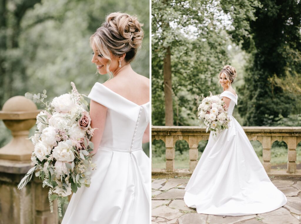 Bride with her lush spring wedding bouquet