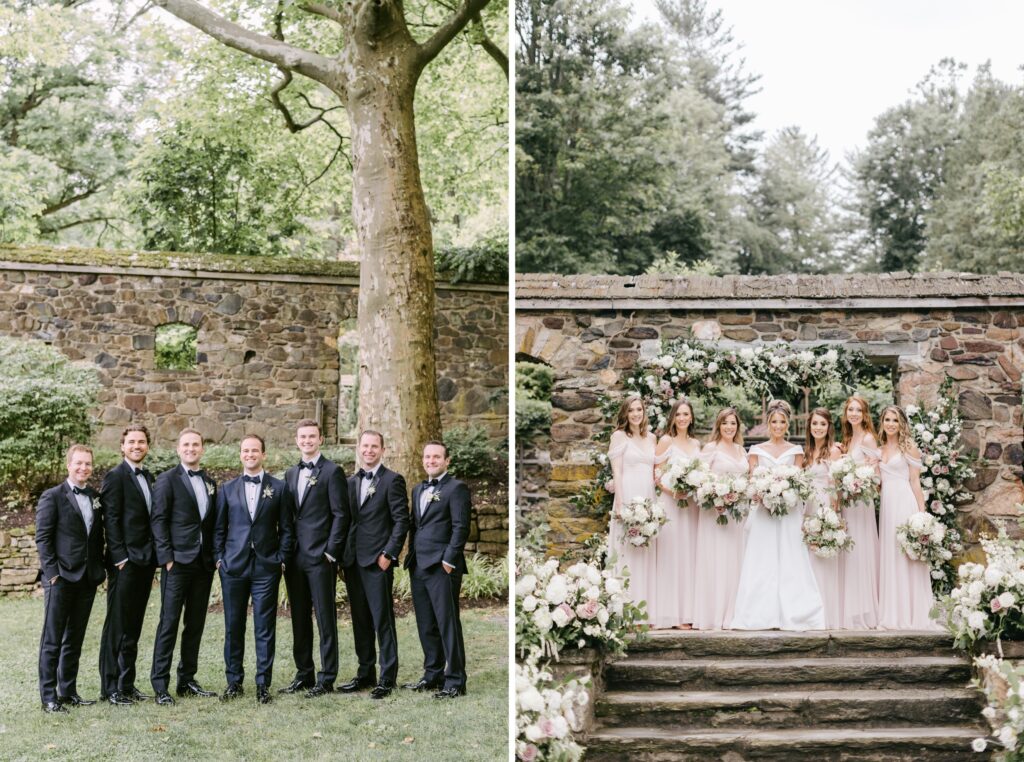 Bride with her bridesmaids and groom with his groomsmen at a historic mansion