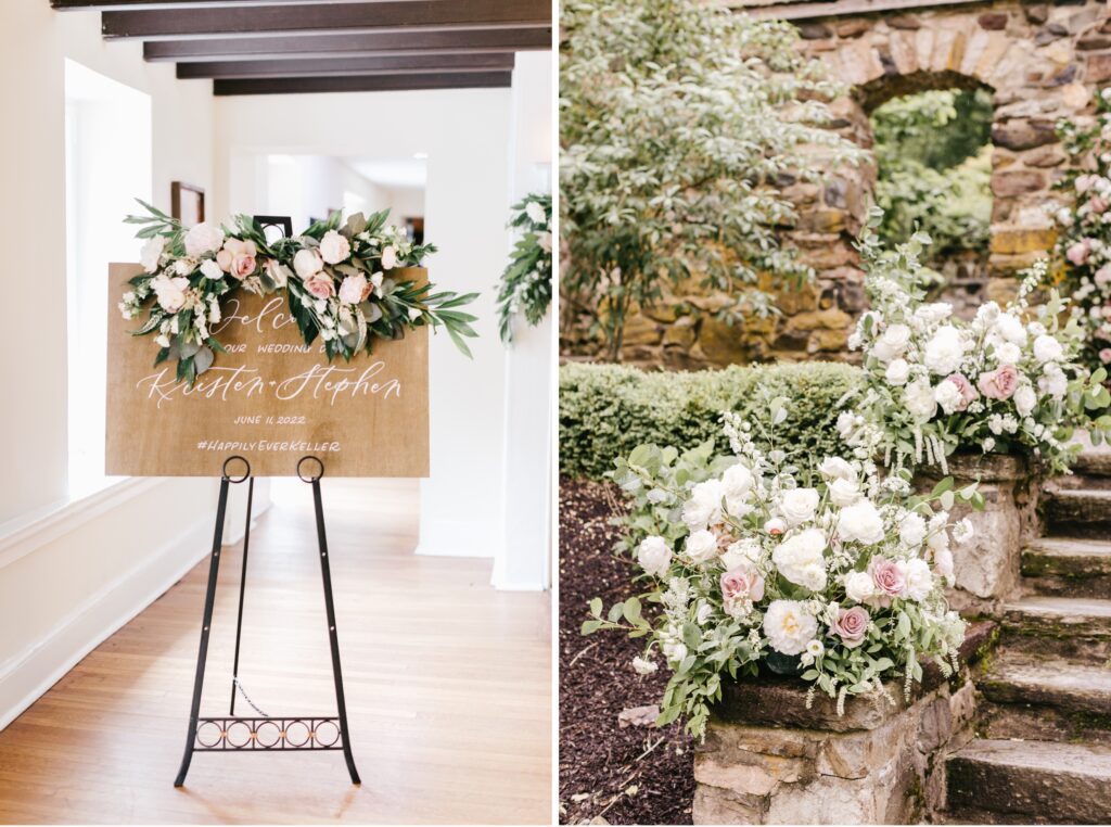 Light wood welcome sign with blush florals