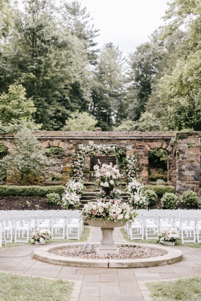 Fountain decorated with flowers for a garden wedding in Philadelphia