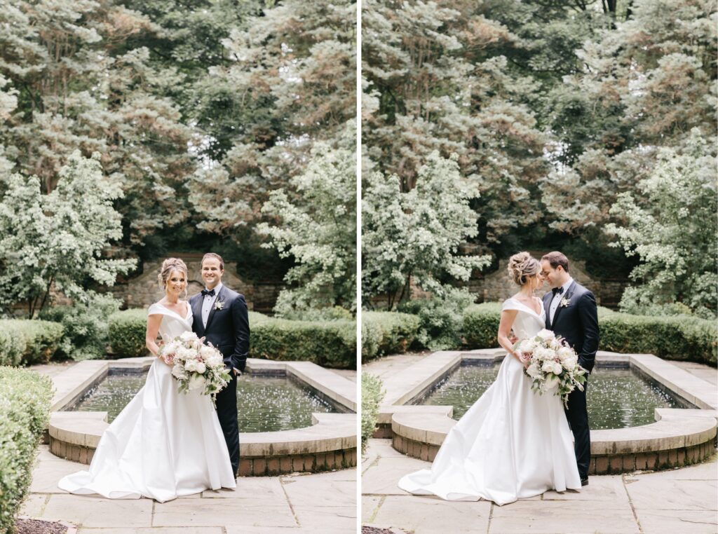 Bride and groom smiling in a lush and historic garden in Radnor