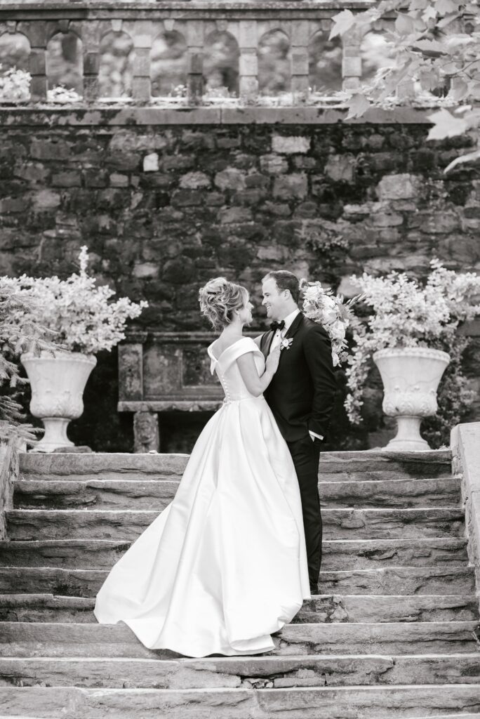 Bride and groom laughing at an elegant estate wedding near Philadelphia