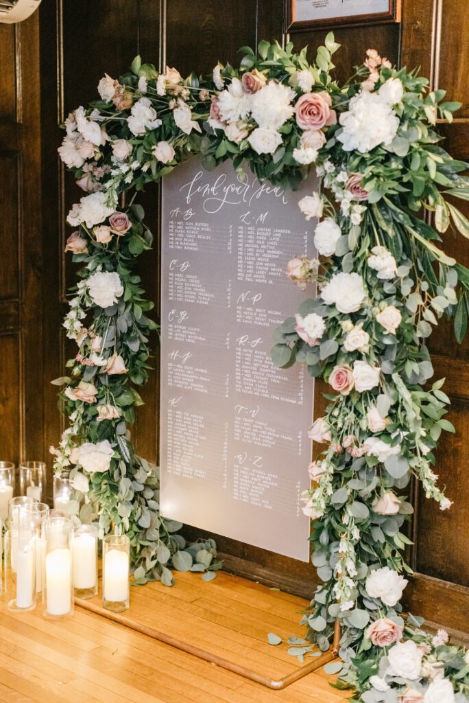Wedding seating chart surrounded by spring flowers at an elegant reception