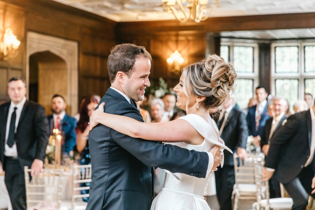 Bride and groom's first dance at an elegant wedding reception