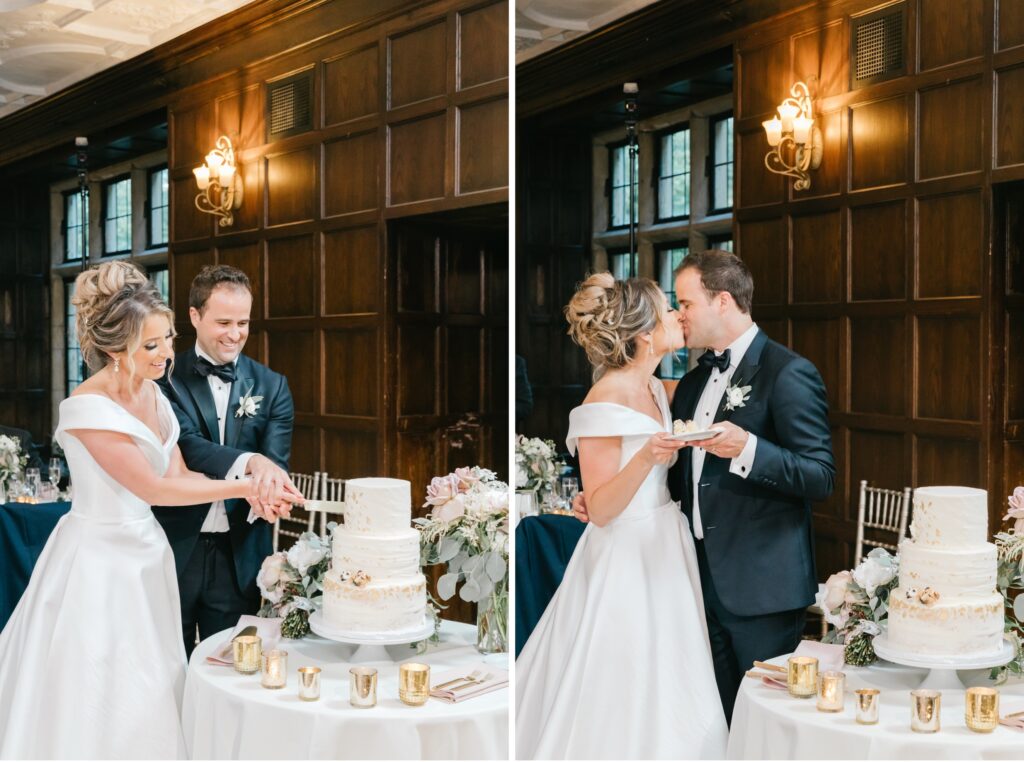 Newlyweds cut the wedding cake at an elegant wedding reception