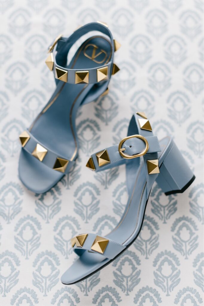 Blue wedding heels with gold accents for a winery wedding in New Jersey