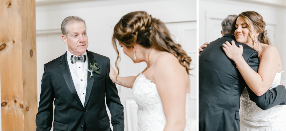 Father of the bride's first look with the bride at a romantic winery wedding