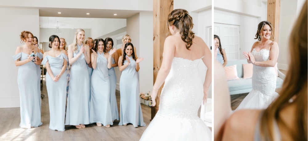 Bridesmaids see the bride for the first time in her wedding gown on a spring wedding day