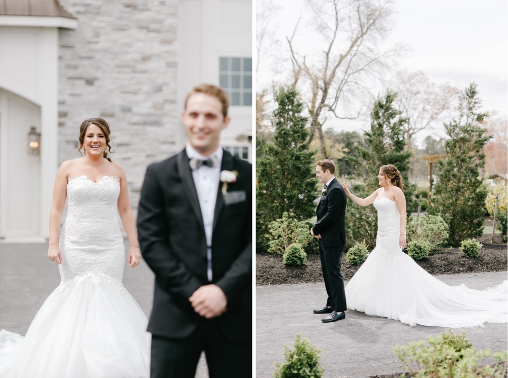 Bride and groom's first look on a spring wedding day at a winery in Cape May