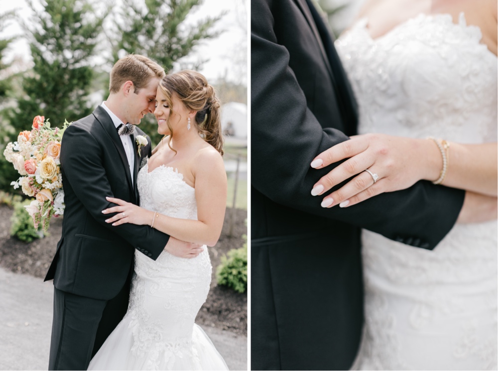 Bride and groom cuddle during their first look at an elegant winery wedding