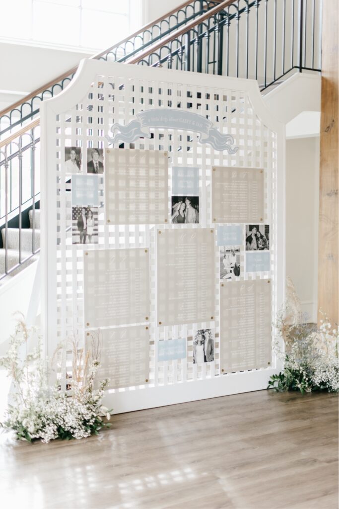 Custom wedding seating chart with lattice and blue hues