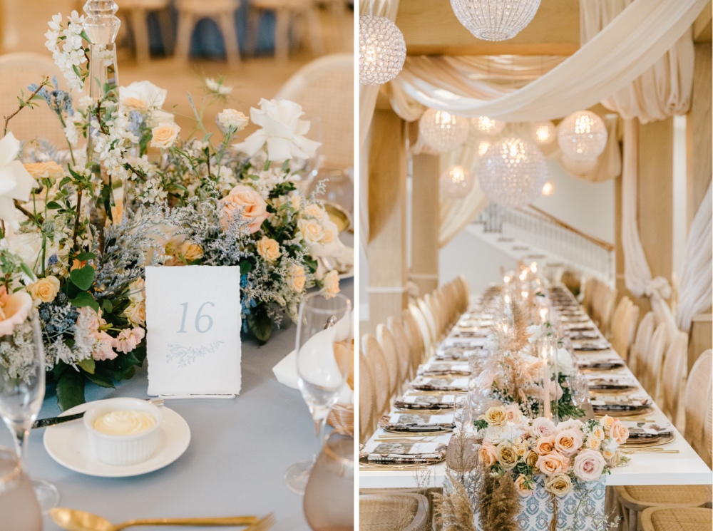 Reception table numbers and flower arrangements at a luxury wedding reception at a winery