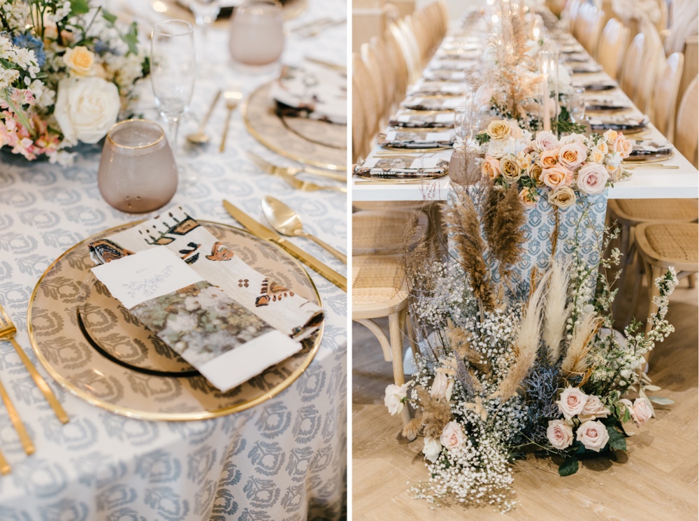 Wedding table setting with custom linens and gold cutlery at an enchanting winery wedding by Emily Wren Photography