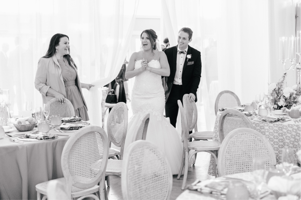 Bride sees the wedding reception ballroom for the first time