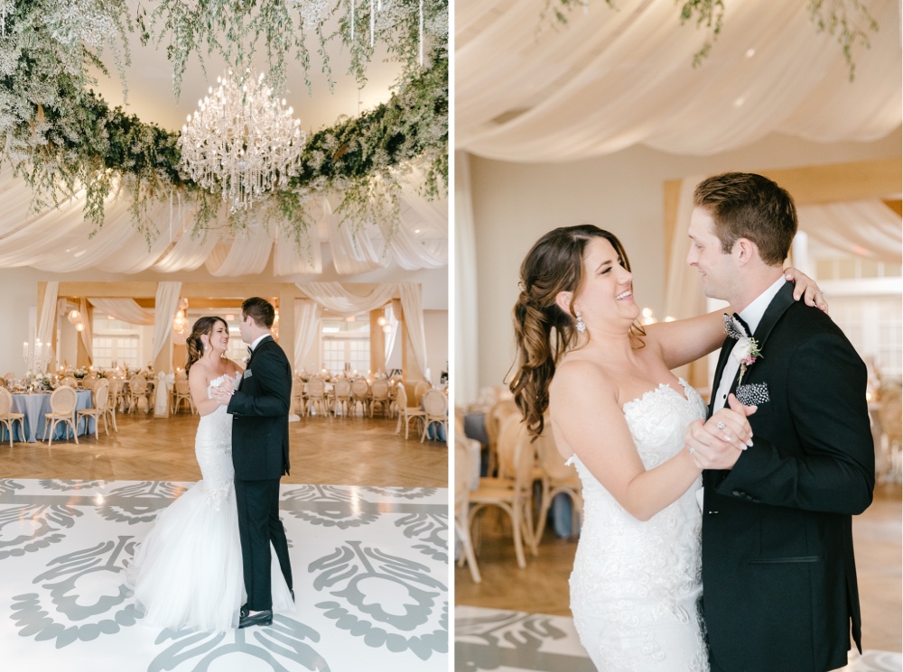Bride and groom dance in an enchanting ballroom at a winery wedding reception