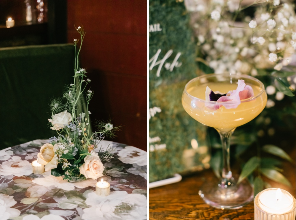 Flower arrangement and custom cocktail at an enchanting afterparty for a spring winery wedding