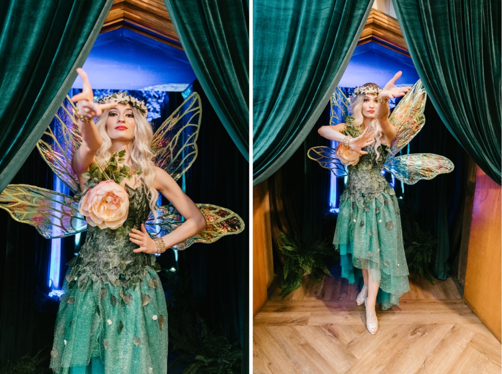 Fairy greeter for a whimsical wedding afterparty at Renault Winery