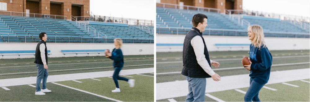 Couple having fun at Franklin & Marshall college during a football inspired engagement session