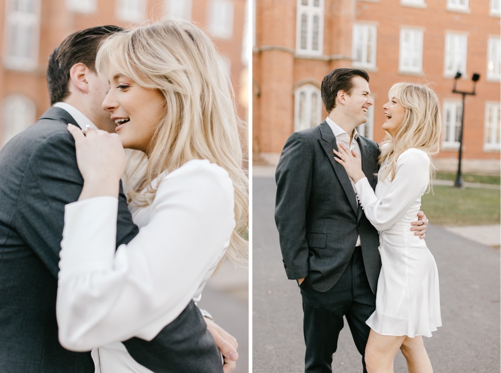 Couple laughing and embracing during a timeless spring engagement session by Emily Wren Photography