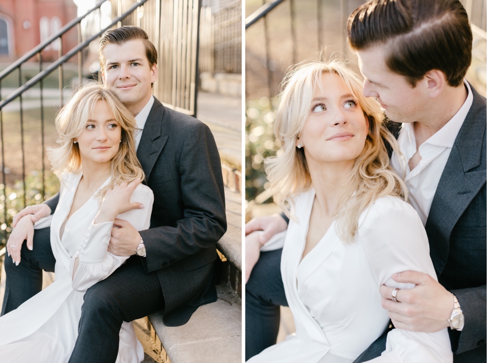 Engaged couple sitting on steps during a vintage inspired engagement shoot at sunset