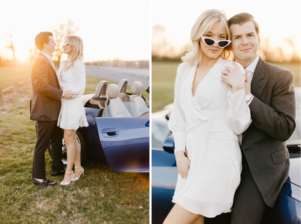 Couple smiling in front of a classic car during a sunset engagement session with Emily Wren Photography
