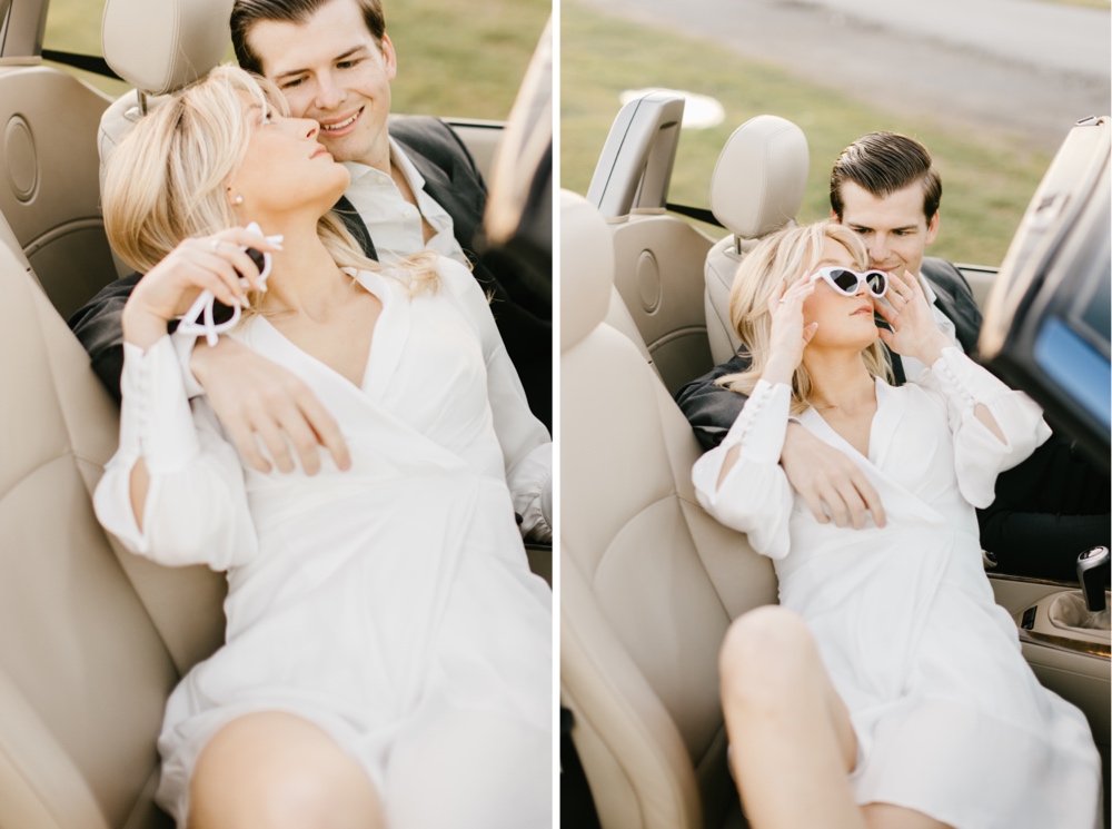 Couple in a classic car during a vintage inspired engagement shoot near Philadelphia