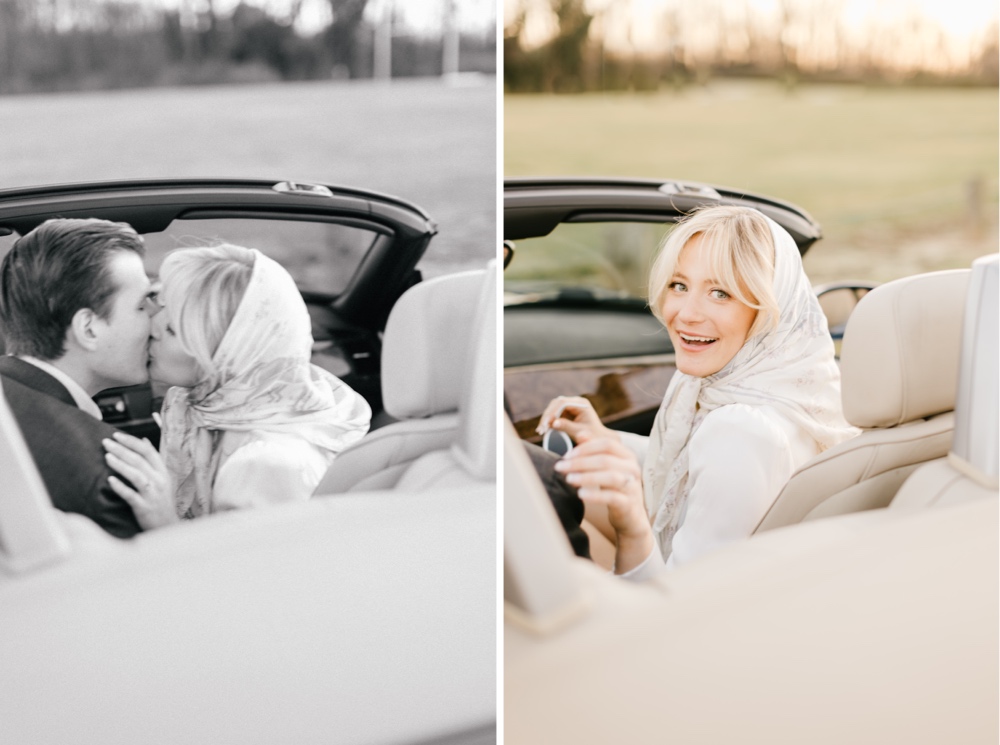 Couple kissing in a convertible car during a golden hour engagement photo session with Emily Wren Photography