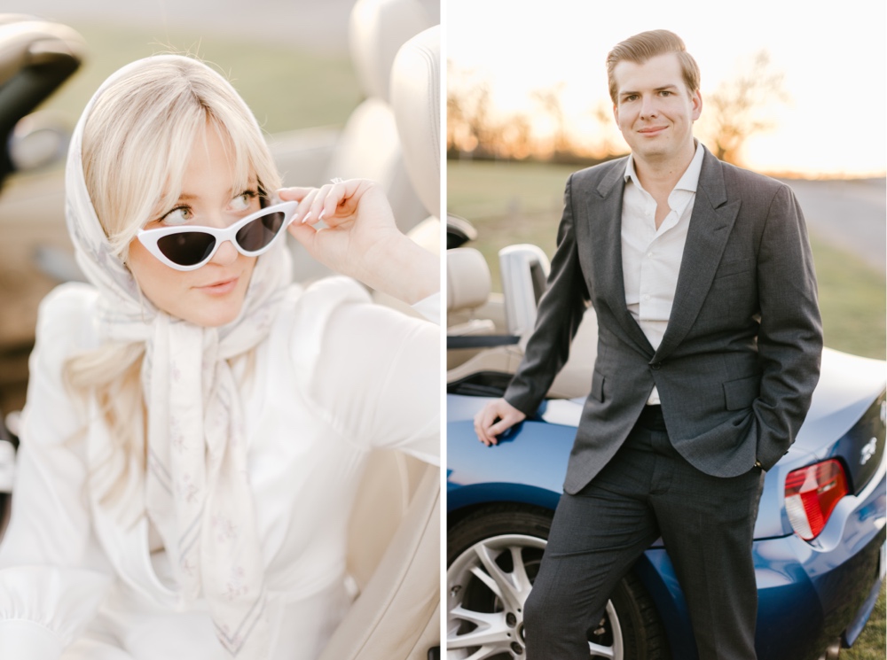 Woman in a vintage scarf and sunglasses during a sunset portrait session by wedding photographer Emily Wren Photography