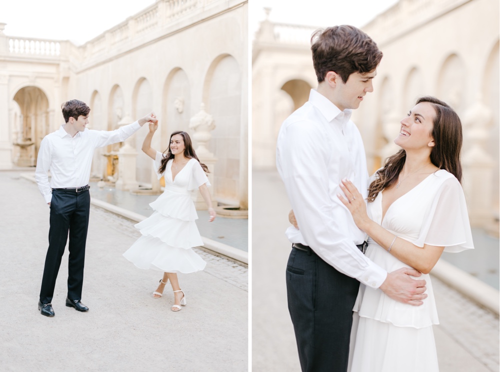 Couple dancing with timeless architecture in the background by Emily Wren Photography