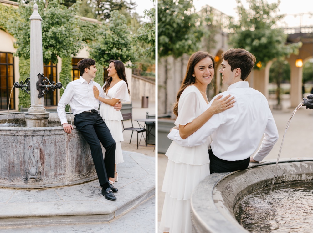 Couple sitting on a fountain during golden hour at a portrait session in Pennsylvania