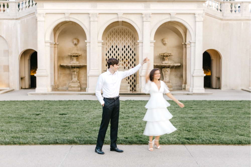 Couple dancing during a garden engagement session in Pennsylvania