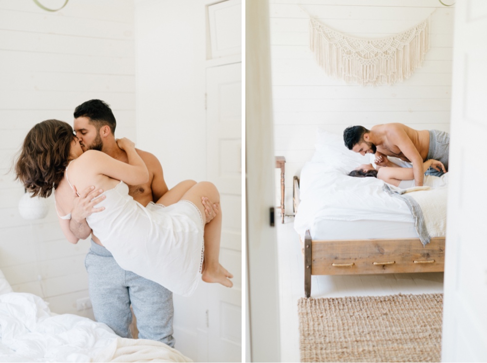 Couple laughing in a rustic bedroom suite at Foxfire Mountain House in upstate NY