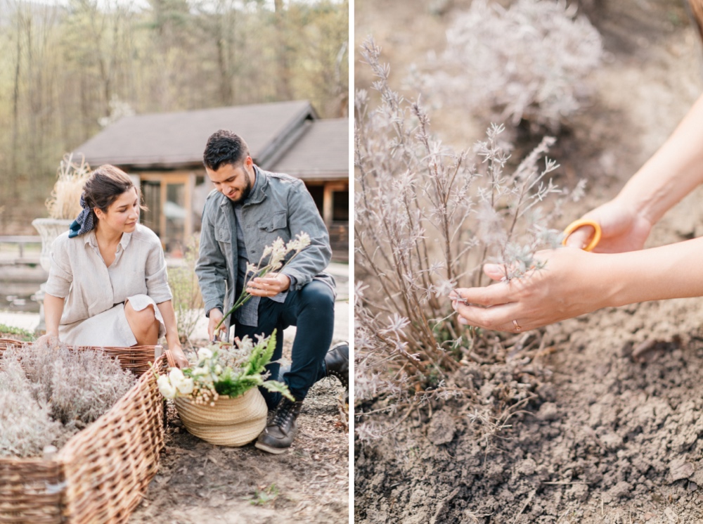 Couple foraging for herbs for their wedding dinner at an intimate destination wedding