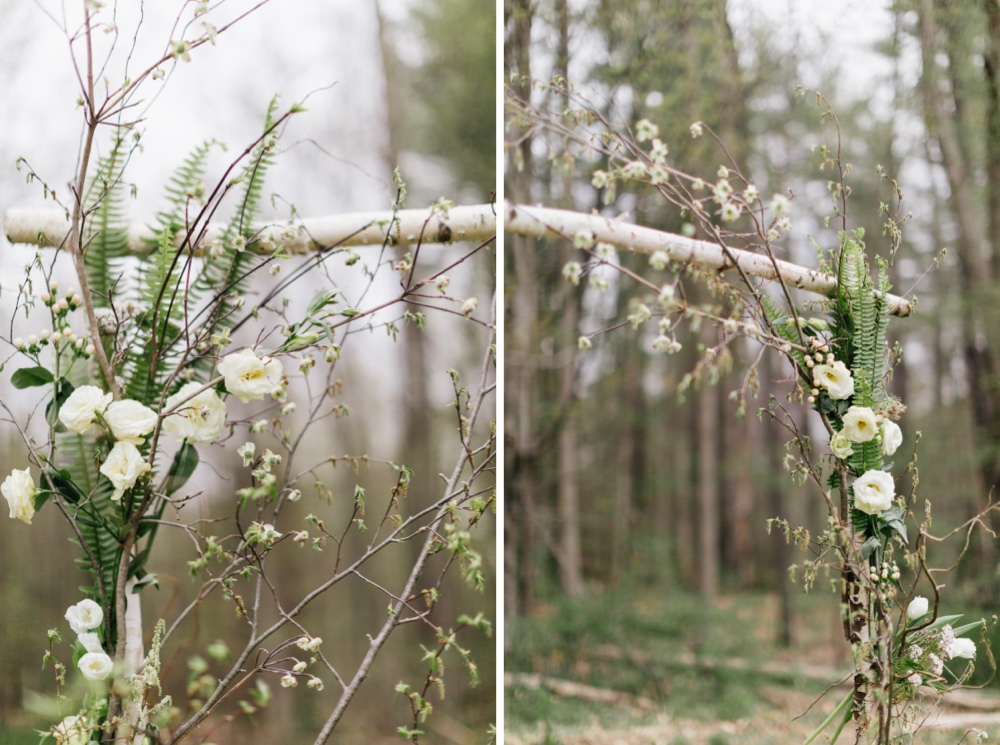 Rustic ceremony arch details for an intimate woodland wedding at a boutique hotel in upstate NY