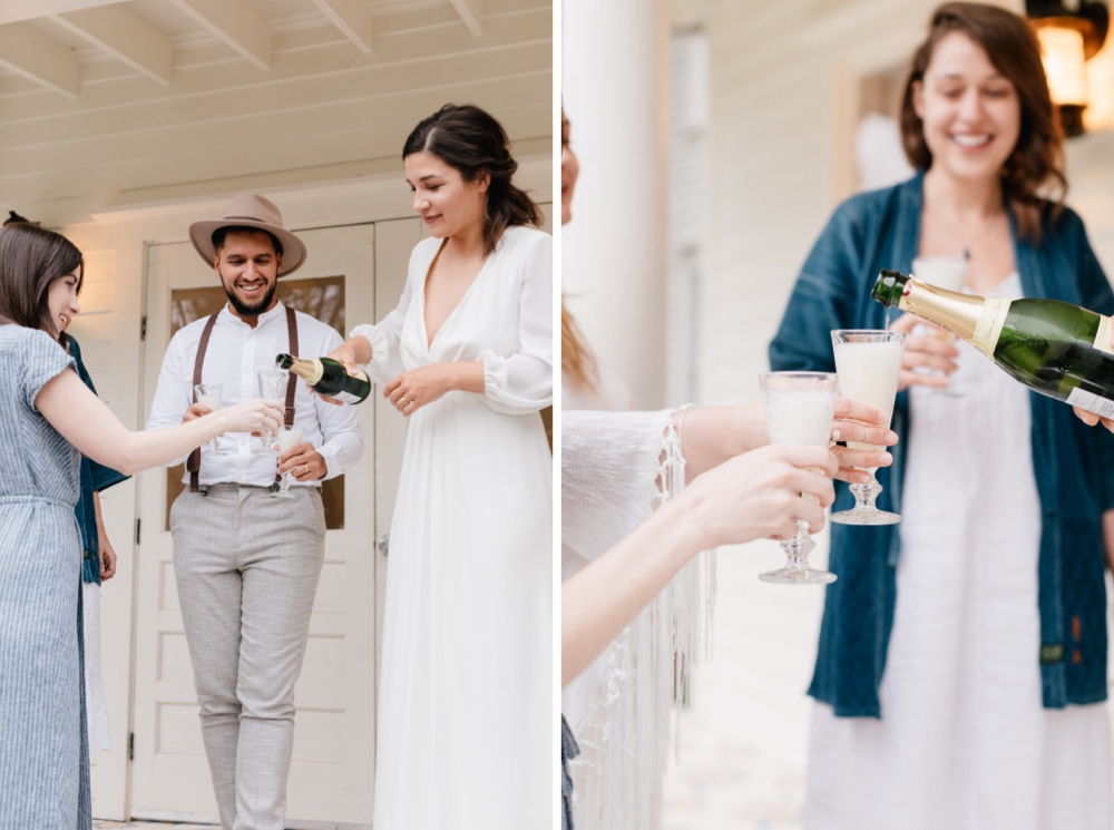 Champagne being poured after a rustic destination wedding at a boutique hotel in upstate New York