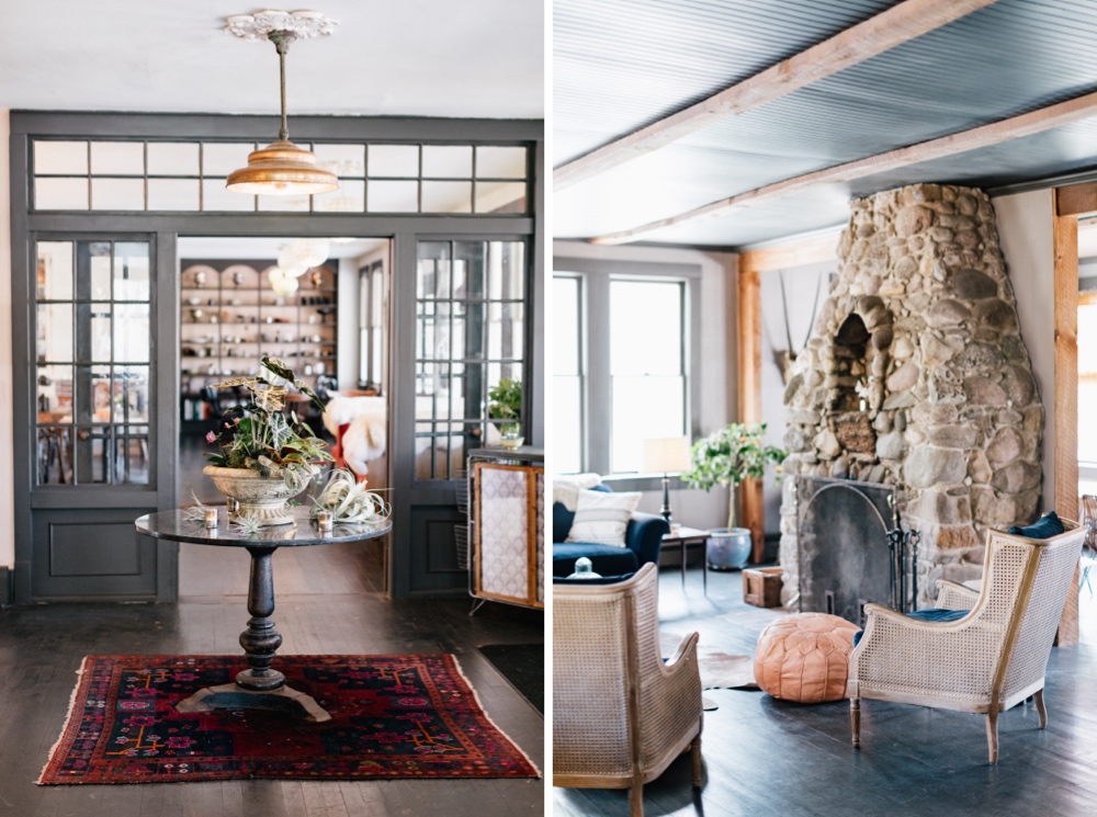 Stone fireplace and living areas for guests at a luxury boutique hotel in upstate New York